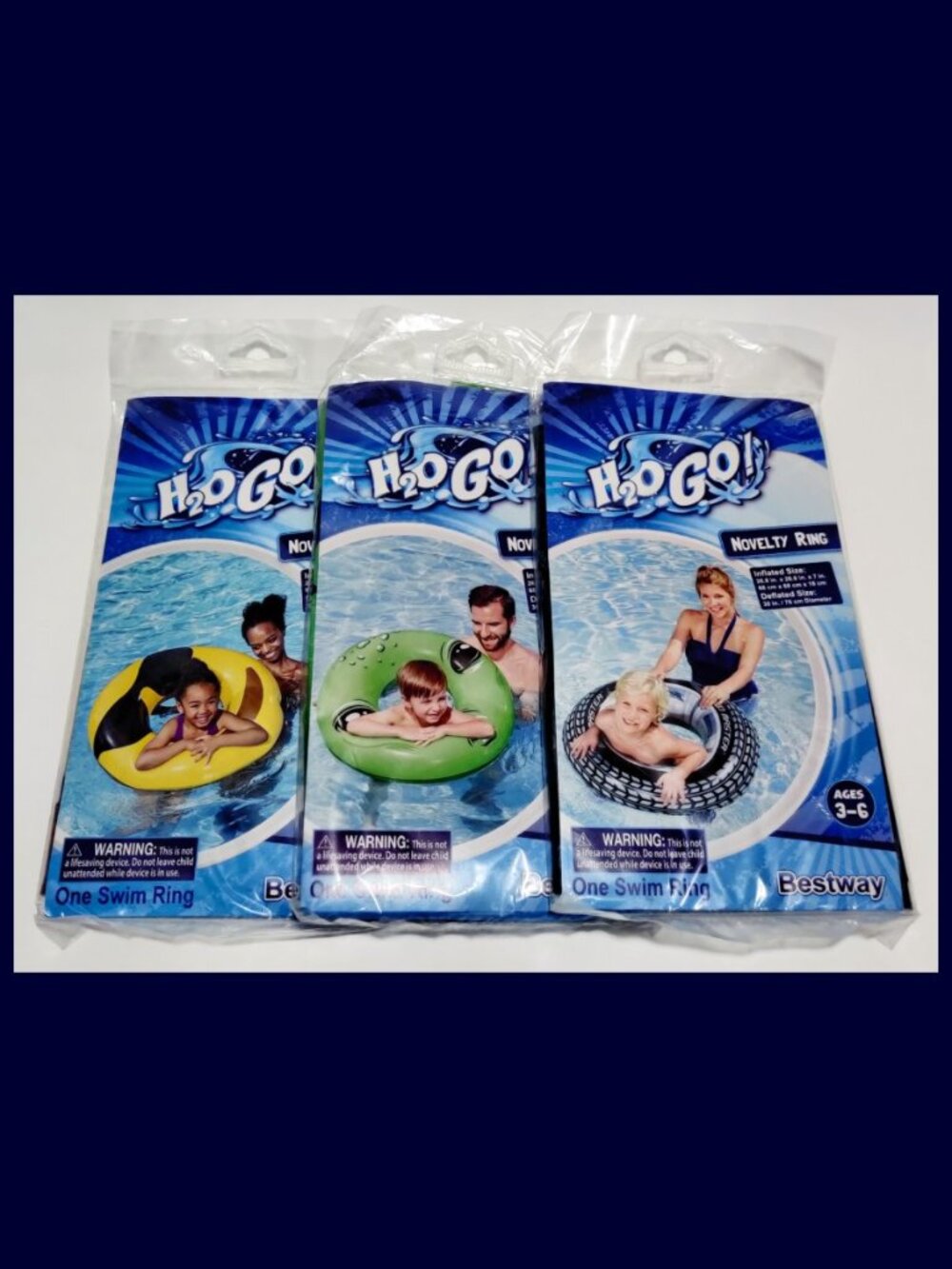 Lot of 3 Inflatable Novelty Swim Rings Smiley Face, Alien, Tire by Bestway 26.8"